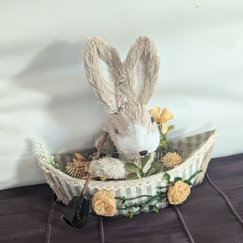 Rabbit in Boat Floral Decor Accent NWT